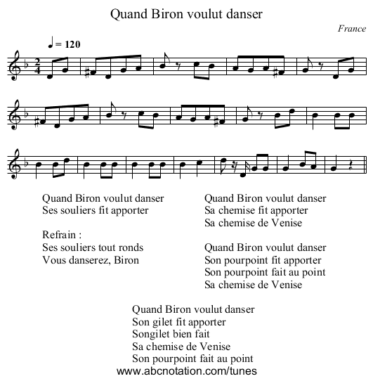 Quand Biron voulut danser - staff notation