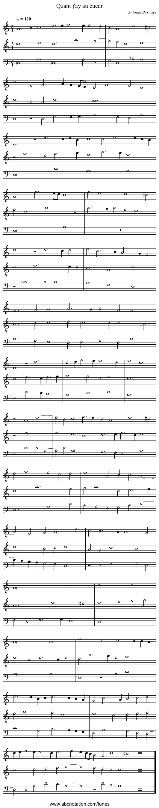Quant j'ay au cueur - staff notation
