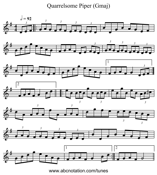 Quarrelsome Piper (Gmaj) - staff notation