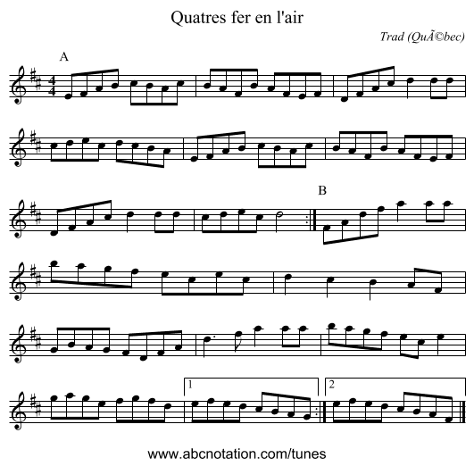 Quatres fer en l'air - staff notation