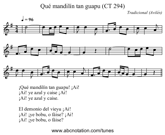 Qué mandilín tan guapu (CT 294) - staff notation