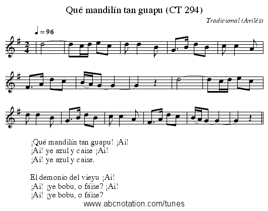 Qué mandilín tan guapu (CT 294) - staff notation
