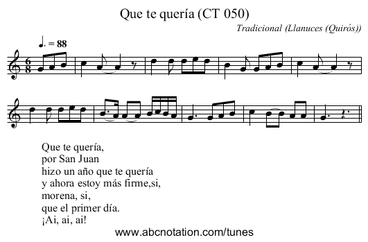 Que te quería (CT 050) - staff notation