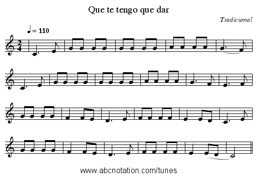 Que te tengo que dar - staff notation