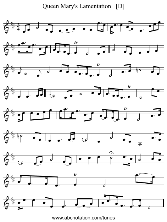 Queen Mary's Lamentation   [D] - staff notation