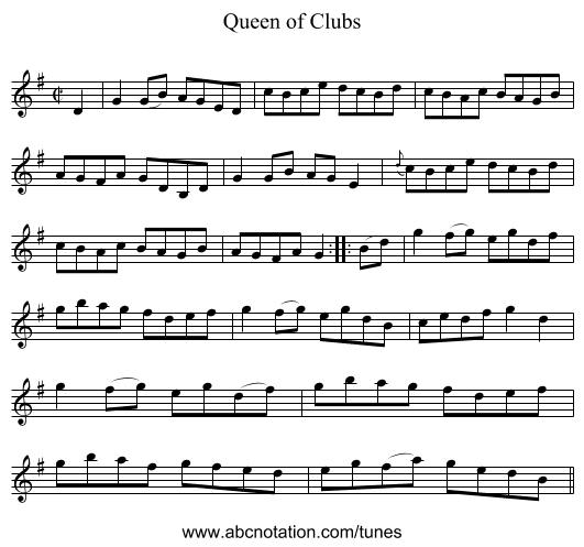 Queen of Clubs - staff notation