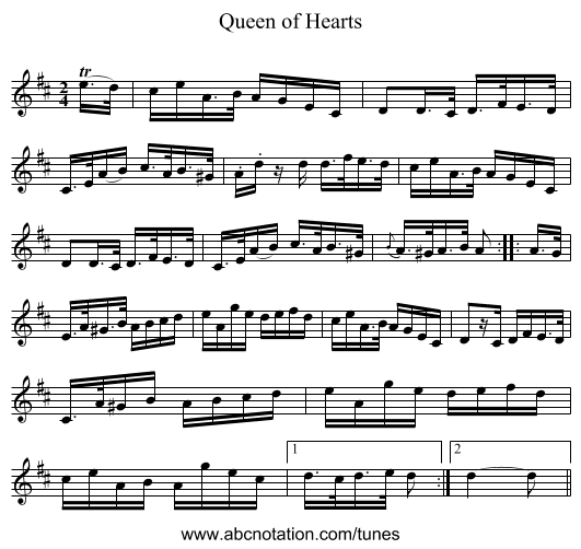 Queen of Hearts - staff notation
