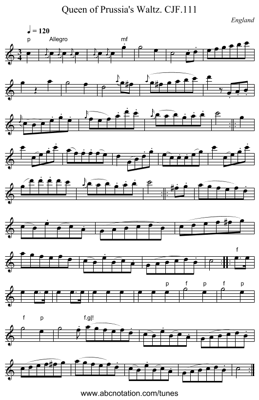 Queen of Prussia's Waltz. CJF.111 - staff notation