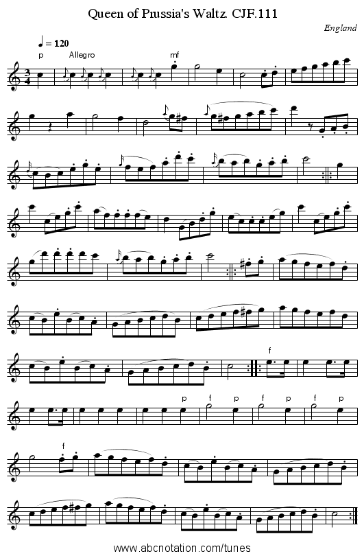 Queen of Prussia's Waltz. CJF.111 - staff notation
