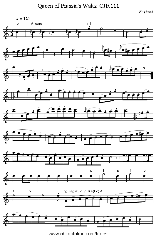 Queen of Prussia's Waltz. CJF.111 - staff notation