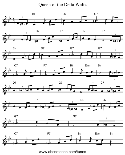 Queen of the Delta Waltz - staff notation