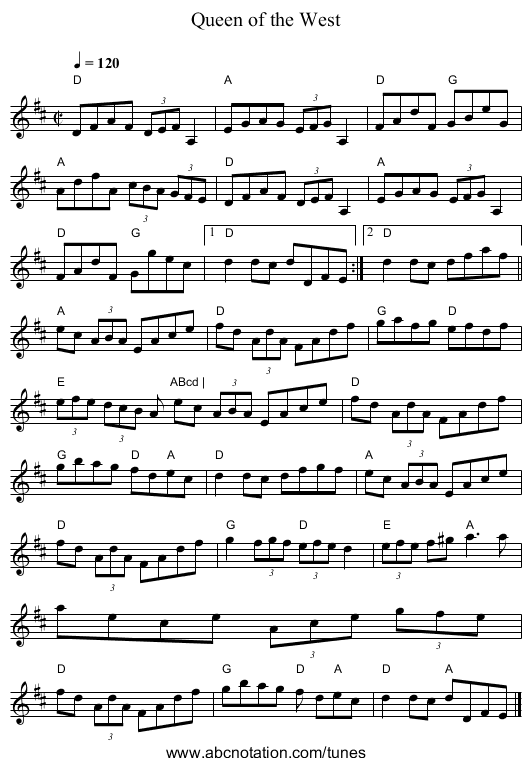 Queen of the West - staff notation