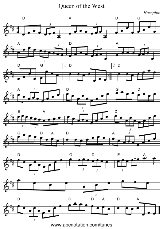 Queen of the West - staff notation