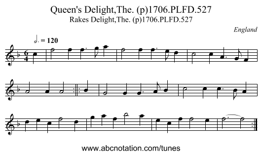 Queen's Delight,The. (p)1706.PLFD.527 - staff notation