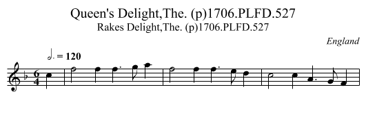 Queen's Delight,The. (p)1706.PLFD.527 - staff notation