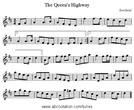 Queen's Highway, The - staff notation