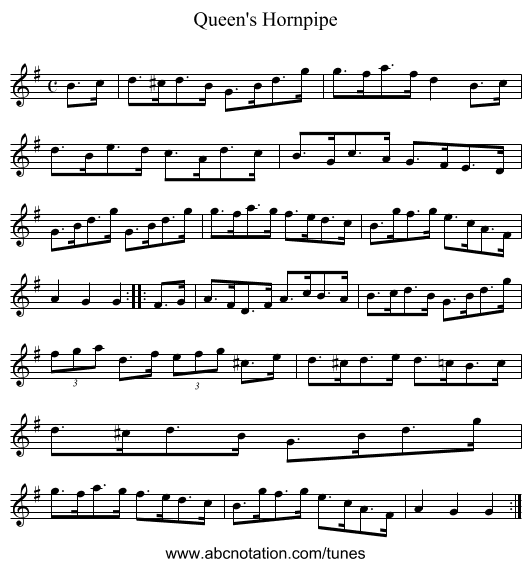 Queen's Hornpipe - staff notation