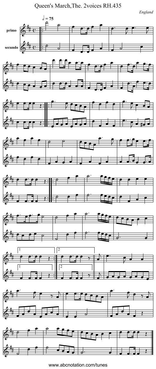 Queen's March,The. 2voices RH.435 - staff notation