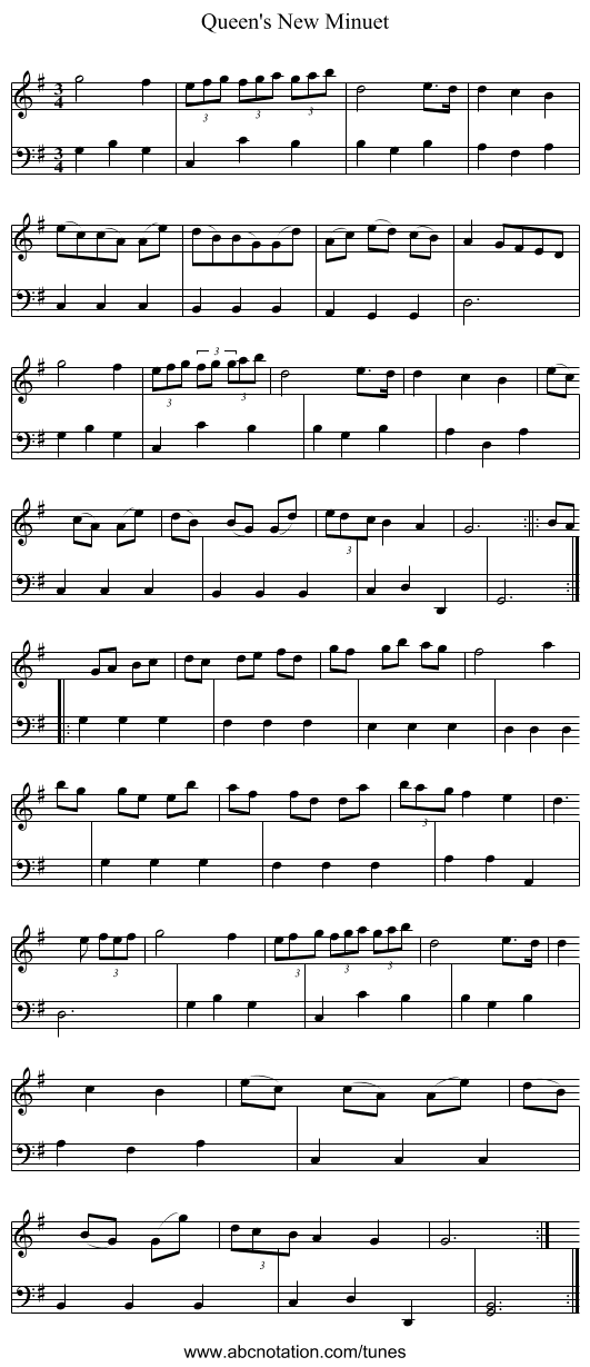 Queen's New Minuet - staff notation