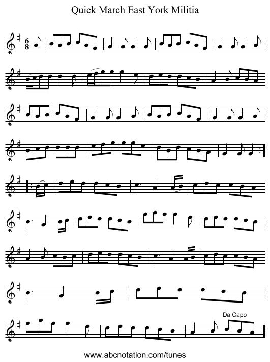 Quick March East York Militia - staff notation