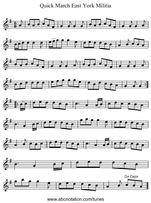 Quick March East York Militia - staff notation