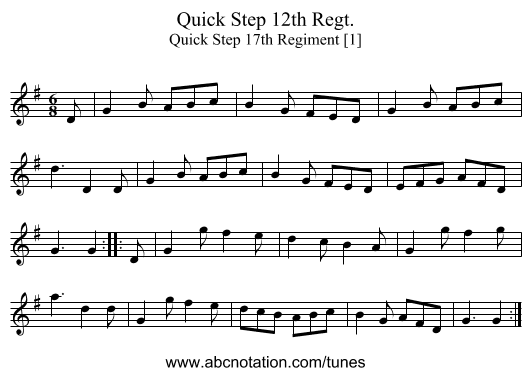 Quick Step 12th Regt. - staff notation