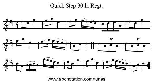 Quick Step 30th. Regt. - staff notation