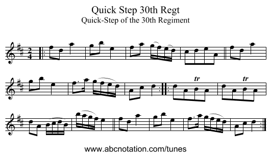 Quick Step 30th Regt - staff notation