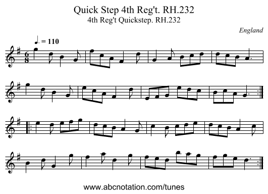 Quick Step 4th Reg't. RH.232 - staff notation
