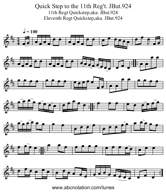 Quick Step to the 11th Reg't. JBut.924 - staff notation