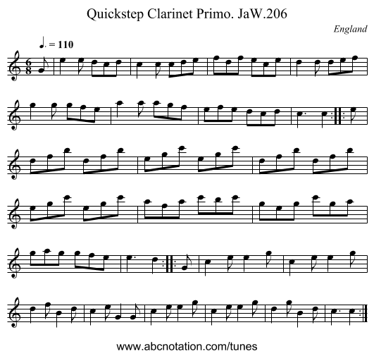 Quickstep Clarinet Primo. JaW.206 - staff notation