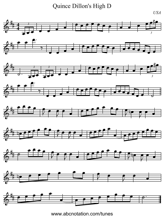Quince Dillon's High D - staff notation