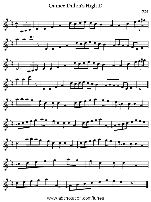 Quince Dillon's High D - staff notation