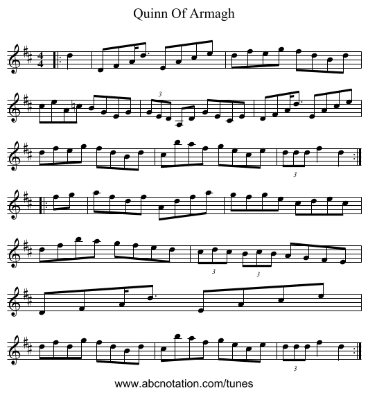Quinn Of Armagh - staff notation