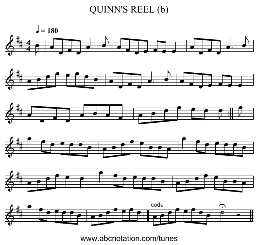 QUINN'S REEL (b) - staff notation