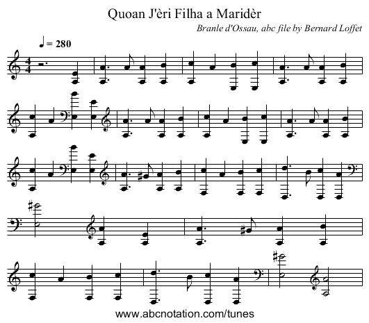 Quoan J'èri Filha a Maridèr - staff notation