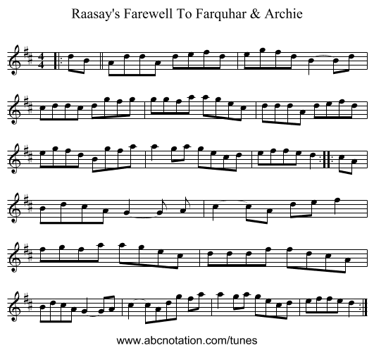 Raasay's Farewell To Farquhar & Archie - staff notation