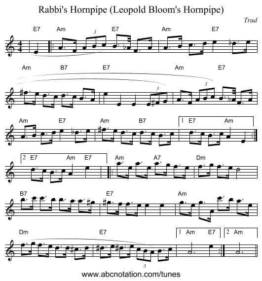 Rabbi's Hornpipe (Leopold Bloom's Hornpipe) - staff notation