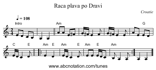 Raca plava po Dravi - staff notation