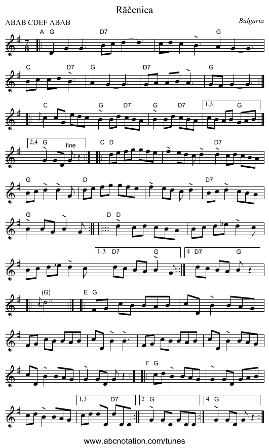 R&abreve;čenica - staff notation