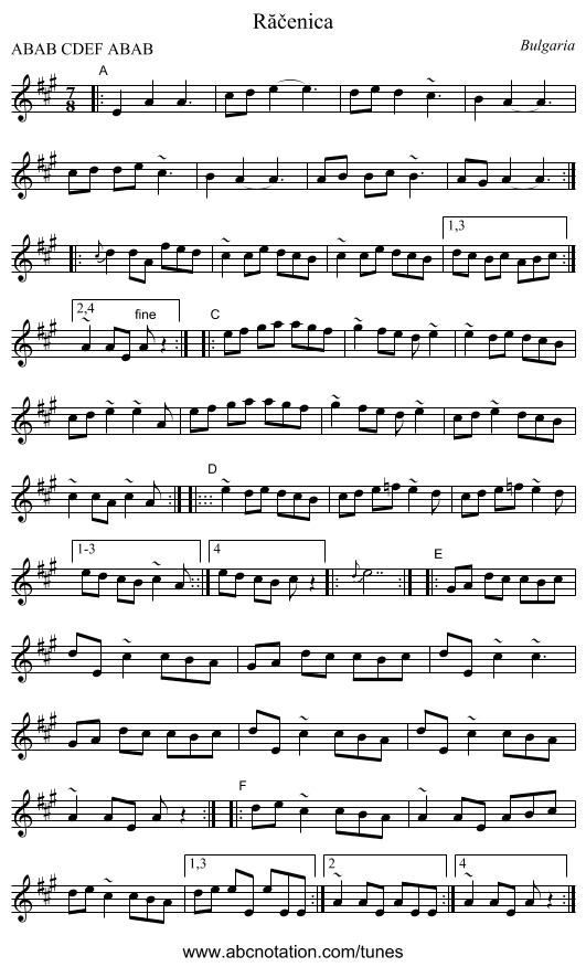 R&abreve;čenica - staff notation