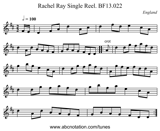 Rachel Ray Single Reel. BF13.022 - staff notation