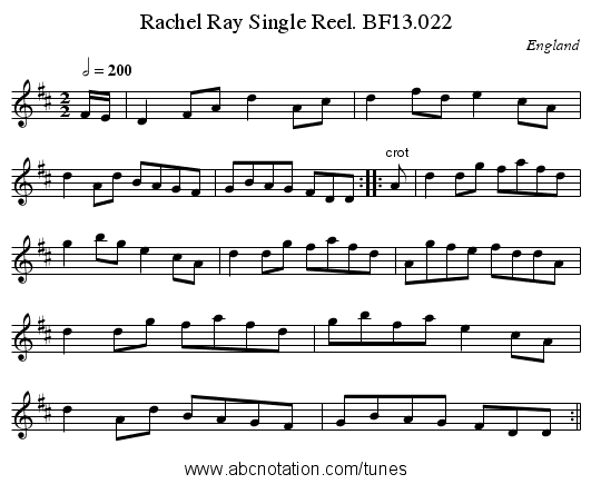 Rachel Ray Single Reel. BF13.022 - staff notation