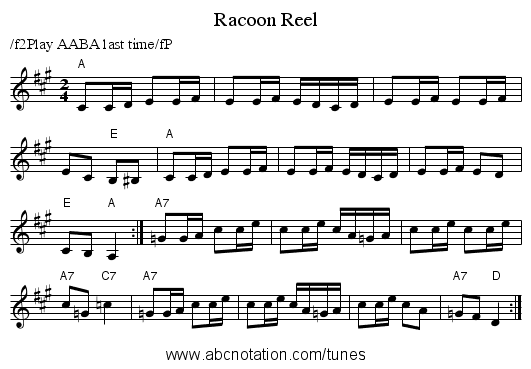 Racoon Reel - staff notation