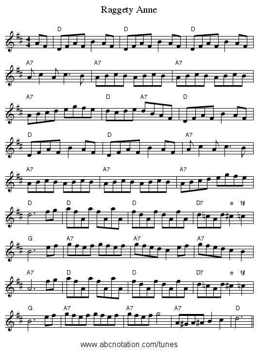Raggety Anne - staff notation