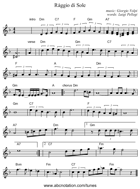 R&agrave;ggio di Sole - staff notation