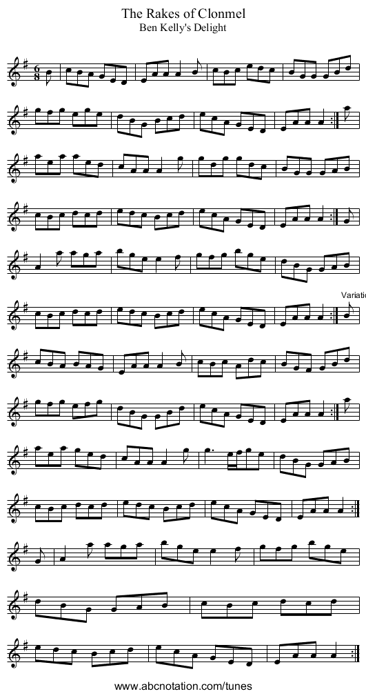 Rakes of Clonmel, The - staff notation