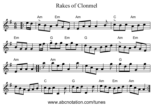 Rakes of Clonmel - staff notation