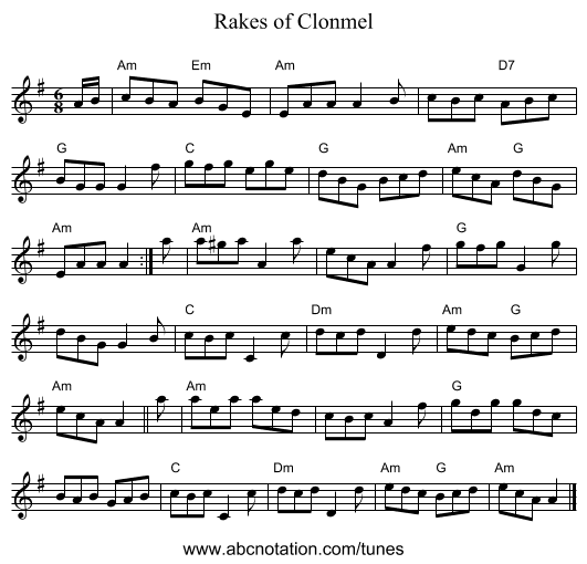 Rakes of Clonmel - staff notation