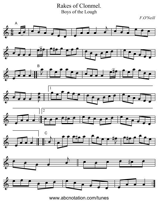 Rakes of Clonmel. - staff notation